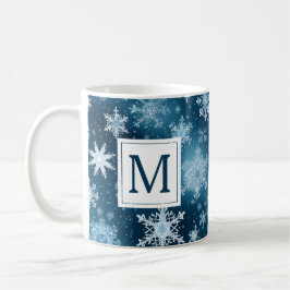 Taza De Café Monograma Invierno Wonderland Snowflakes Blue Whit