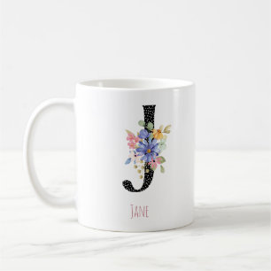 Taza De Café Monograma J de Acuarela Floral con Lunares Negros 