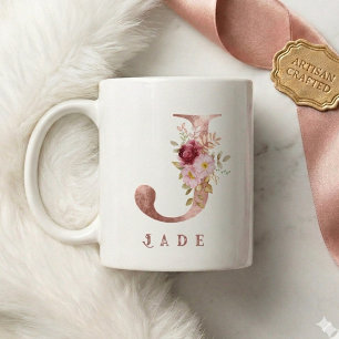 Taza De Café Monograma J Floral en Rosa Dorado Personalizado
