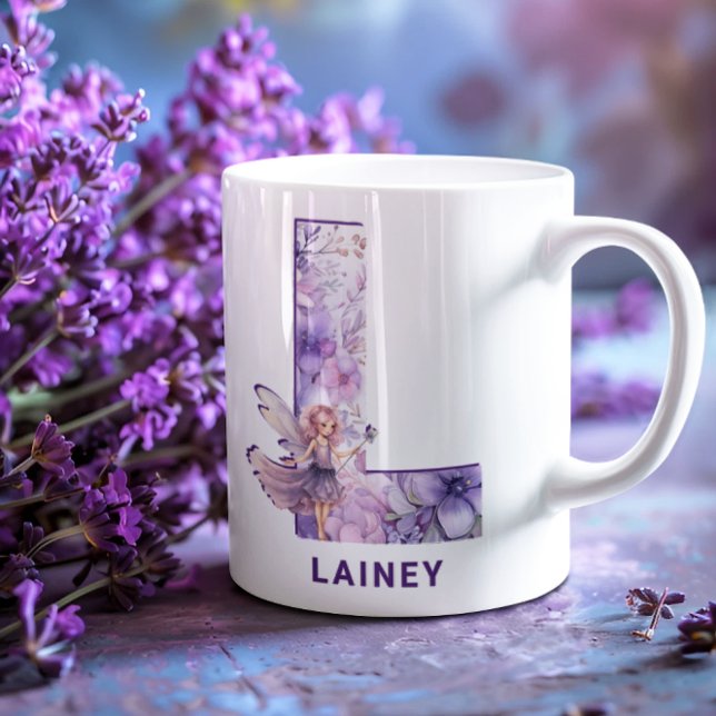 Taza De Café Monograma L de lechón Lilac personalizado (Personalized Lilac Fairy Monogram L Coffee Mug)
