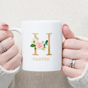 Taza De Café Monograma Letra H Dorada Floral Rosa Blanco Verd