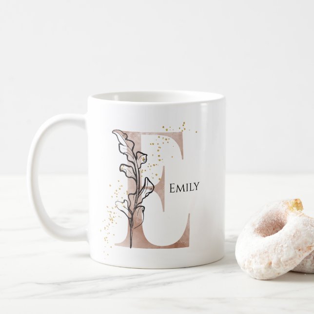 Taza De Café Monograma Letra inicial moderna E Boho Personaliza (Con donut)