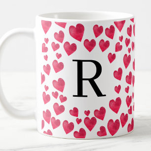 Taza De Café Monograma Lindo Corazones Rojos Monograma Personal