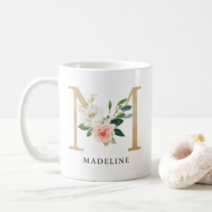 Taza De Café Monograma M de floral rosa y dorada de Rubor