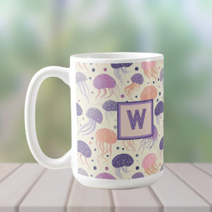 Taza De Café Monograma malva y Naranja de la medusa Cute Pastel