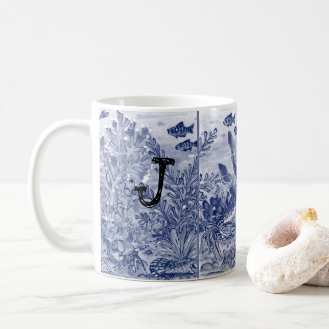 Taza De Café Monograma Marítimo Azul Marítimo Océano Playa Cost (Con donut)