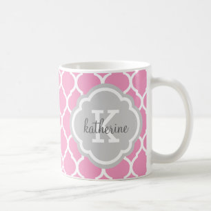 Taza De Café Monograma marroquí de quatrefol rosa y gris