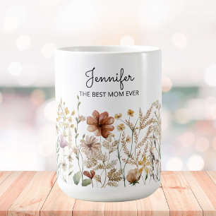 Taza De Café Monograma Mejor Mamá Acuarela Flor Silvestre Flora