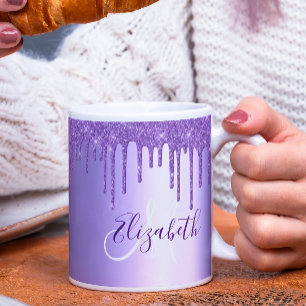 Taza De Café Monograma Metálico con Goteo de Purpurina Violeta