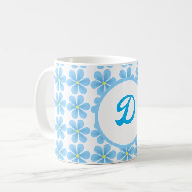 Taza De Café monograma minimo elegante Patrón botánico azul (Anverso izquierdo)