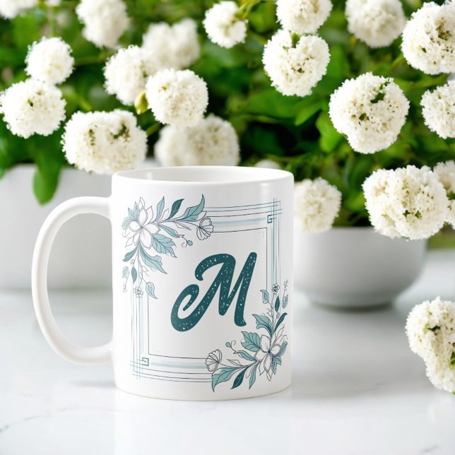 Taza De Café Monograma mínimo moderno floral blanco y verde (Subido por el creador)