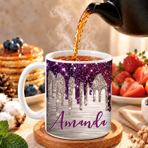 Taza De Café Monograma moderna y linda con gotas de brillo rosa