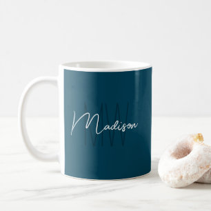Taza De Café Monograma Modernista Minimalista Azul Nombre Letra