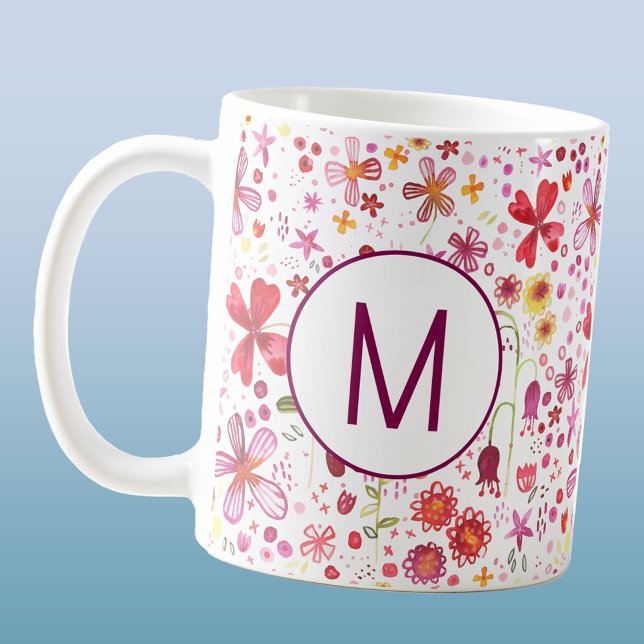Taza De Café Monograma moderno acuarela de flores silvestres in (Personalized monogram initial watercolor wildflower botanical floral coffee mug)