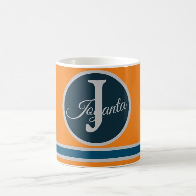 Taza De Café Monograma moderno azul gris naranja Elegante (Centro)