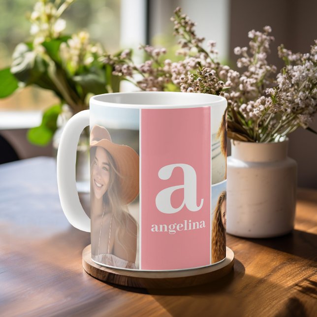 Taza De Café Monograma moderno con 5 Collages de fotos - Coral (Personalized Coffee Mug)