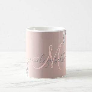 Taza De Café Monograma moderno con brillo de plata y gotas en r