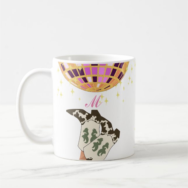 Taza De Café Monograma Moderno Cowgirl Legs Cowboy Disco Ball (Izquierda)