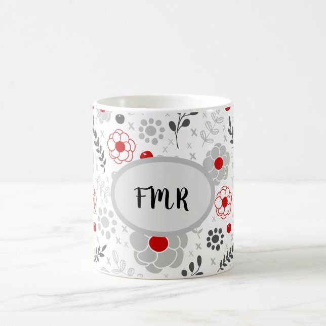 Taza De Café Monograma moderno de floración roja gris (Centro)