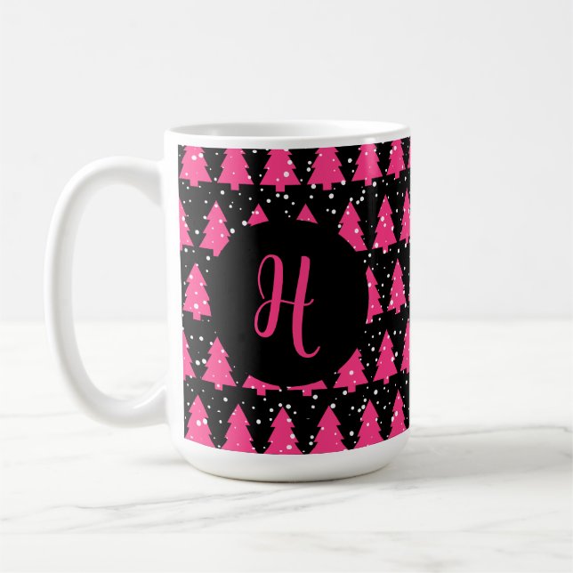 Taza De Café Monograma moderno de fucsia y árbol de Navidad neg (Izquierda)