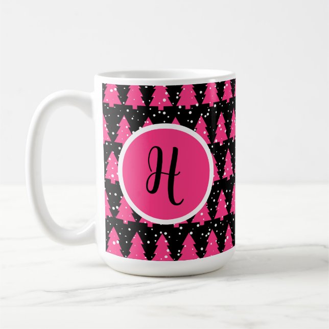 Taza De Café Monograma moderno de fucsia y árbol de Navidad neg (Izquierda)