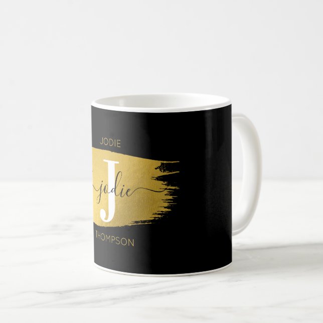 Taza De Café Monograma moderno de guiones en negro y oro inicia (Anverso derecho)