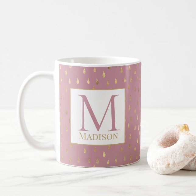 Taza De Café Monograma moderno de moda con gota de lluvia dorad (Con donut)