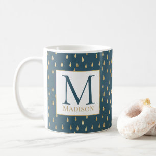 Taza De Café Monograma moderno de moda con gota de lluvia dorad