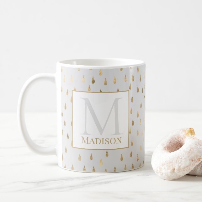 Taza De Café Monograma moderno de moda crema Gold Raindrop (Con donut)