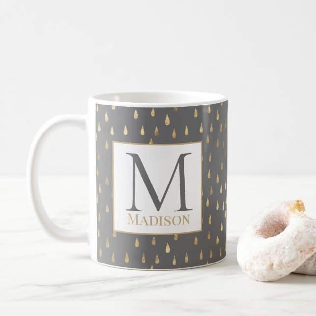 Taza De Café Monograma moderno de moda Gray Gold Raindrop (Con donut)