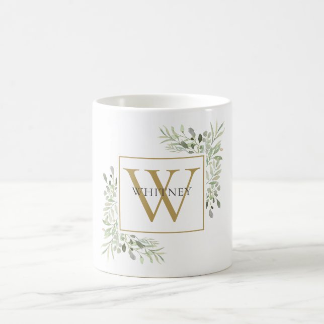 Taza De Café Monograma moderno de oro verde floral (Centro)