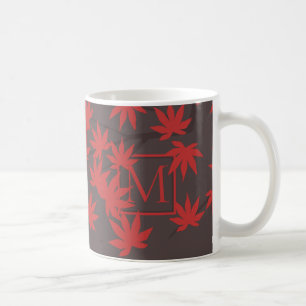 Taza De Café Monograma Moderno Hoja de Arce Roja Gris