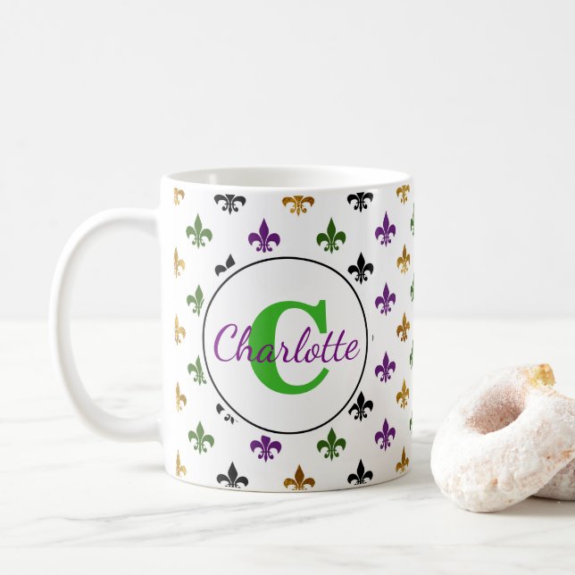 Taza De Café Monograma moderno Mardi Gras Fleur De Lis (Con donut)