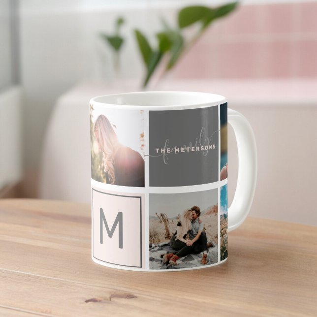 Taza De Café Monograma moderno para tu familia 7 cuadrícula de  (Modern monogram your family 7 photo collage grid coffee mug)