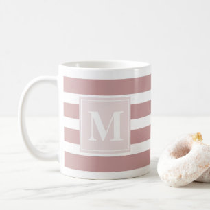 Taza De Café Monograma moderno rayado rosa y blanco