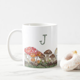 Taza De Café Monograma Mushroom Art Fall Nature Tan Sage Rustic