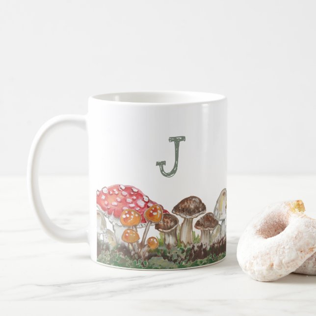 Taza De Café Monograma Mushroom Art Fall Nature Tan Sage Rustic (Con donut)