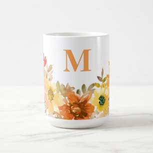 Taza De Café Monograma Naranja inicial Acuarela Floral Caída