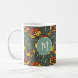 Taza De Café Monograma Naranja retro floral verde oro