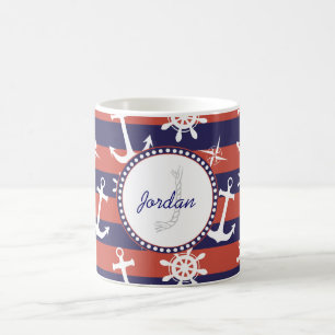 Taza De Café Monograma náutico de las rayas de los azules