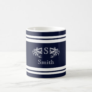 Taza De Café Monograma Náutico Elegante Cangrejo Ancla Azul Bla