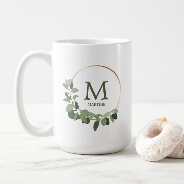 Taza De Café Monograma Navidades personalizados Moderna Wreath (Con donut)