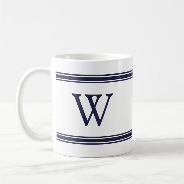 Taza De Café Monograma Navy Blue Stried Personalized Mug (Izquierda)