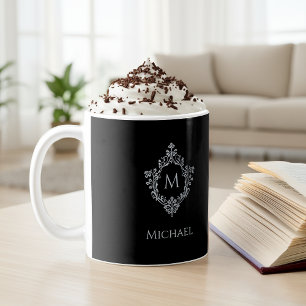 Taza De Café Monograma Negro Elegante Cresta Vintage Inicial No