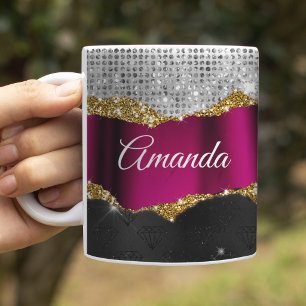 Taza De Café Monograma negro Fuchsia brillo plateado falso chic