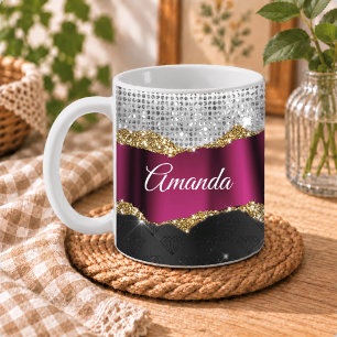 Taza De Café Monograma negro Fuchsia brillo plateado falso chic