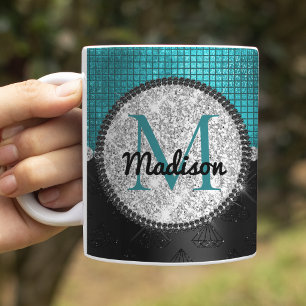 Taza De Café Monograma negro turquesa brillo plateado falso chi