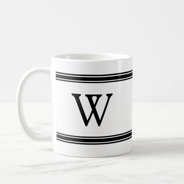 Taza De Café Monograma negro y blanco rayado peluca personaliza (Izquierda)