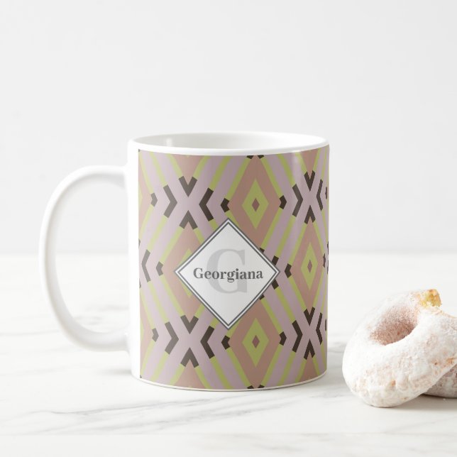 Taza De Café Monograma Neutrales Geométricos Cálidos Diamantes  (Con donut)