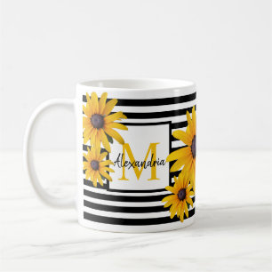 Taza De Café Monograma Nombre Flor Amarilla Banda Negra